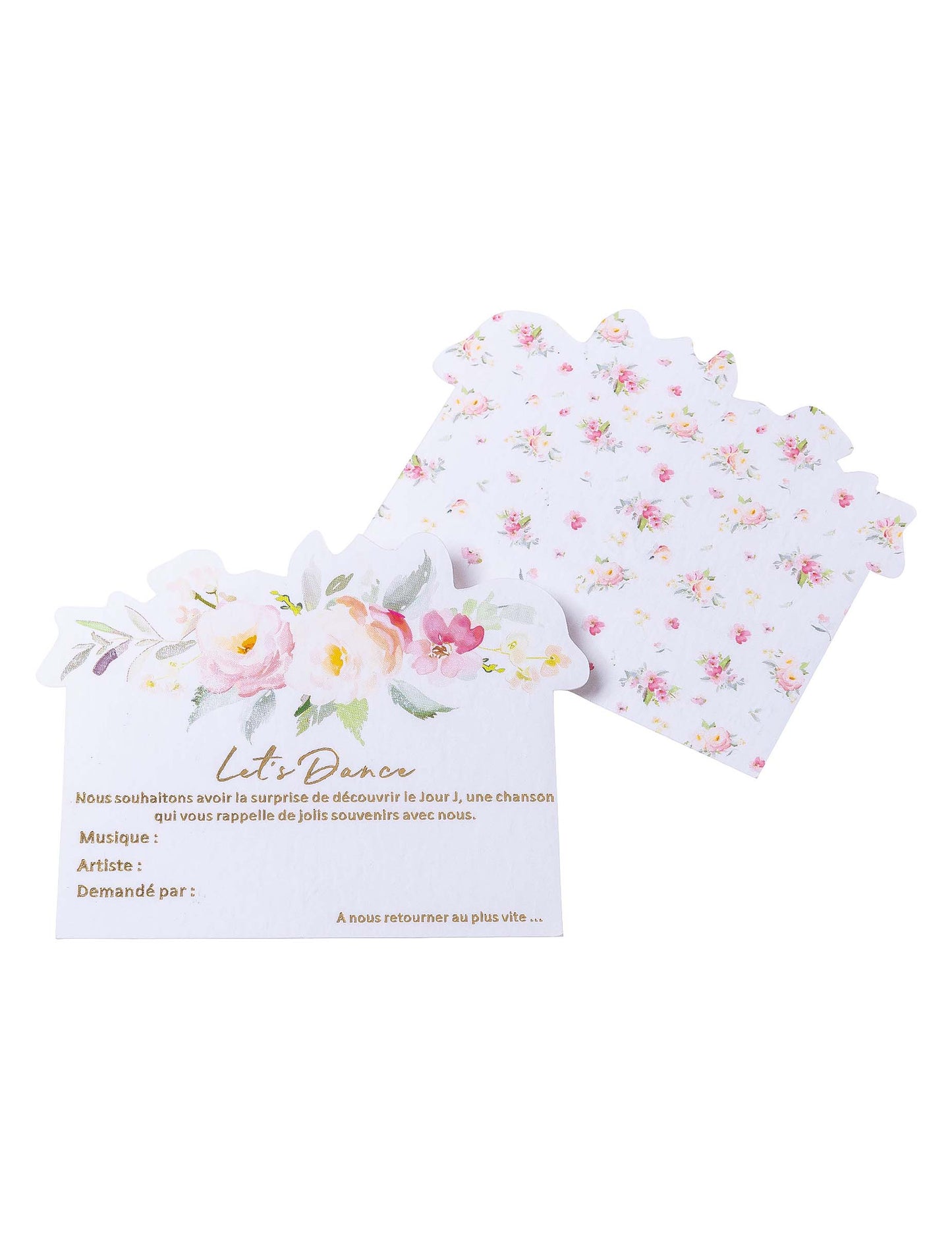 Cartes aquarelle Let's Dance pour animation mariage motif floral rose avec dorure