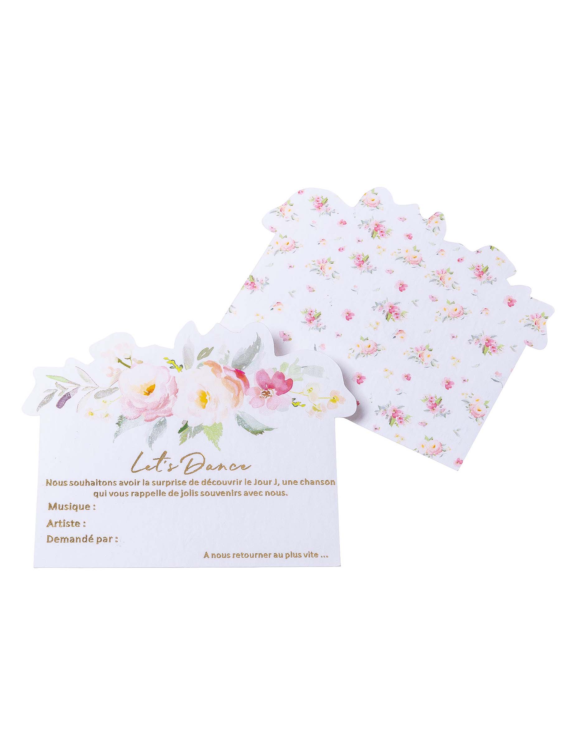 Cartes aquarelle Let's Dance pour animation mariage motif floral rose avec dorure
