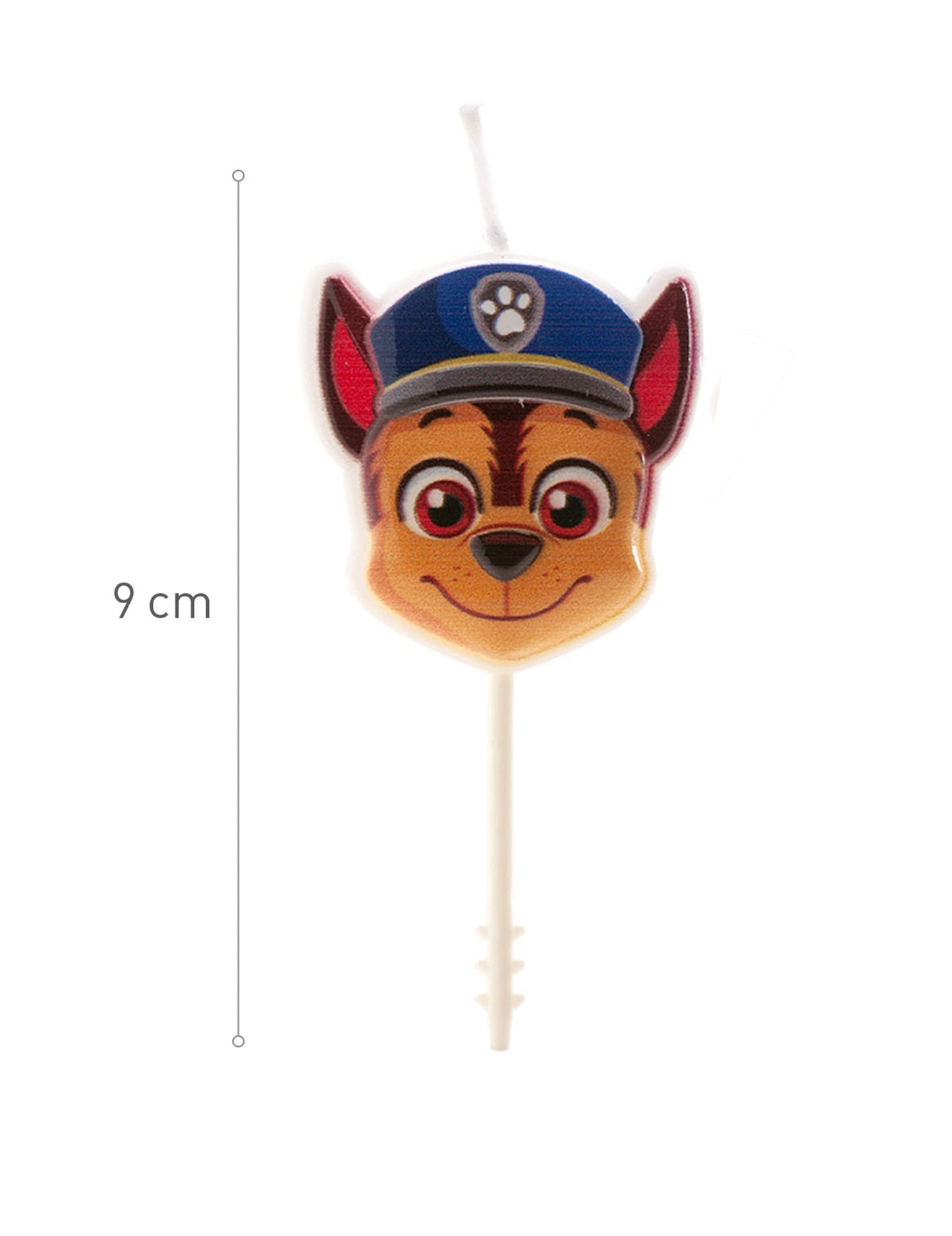Gros plan sur le personnage Chase des bougies d'anniversaire Pat' Patrouille