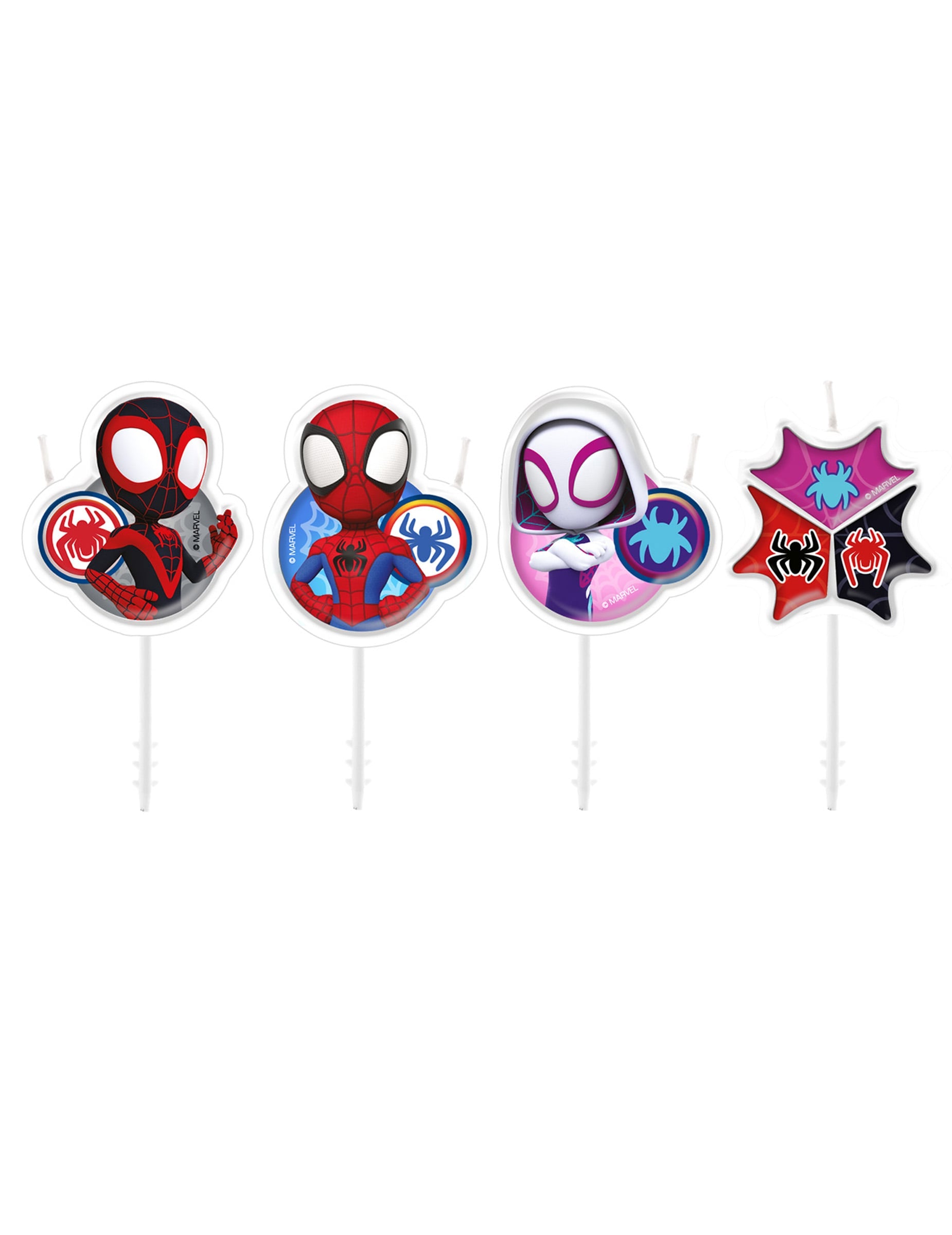 4 bougies anniversaire Spidey et ses amis pour enfant multicolores avec Spidey, Miles Morales et Ghost-Spider