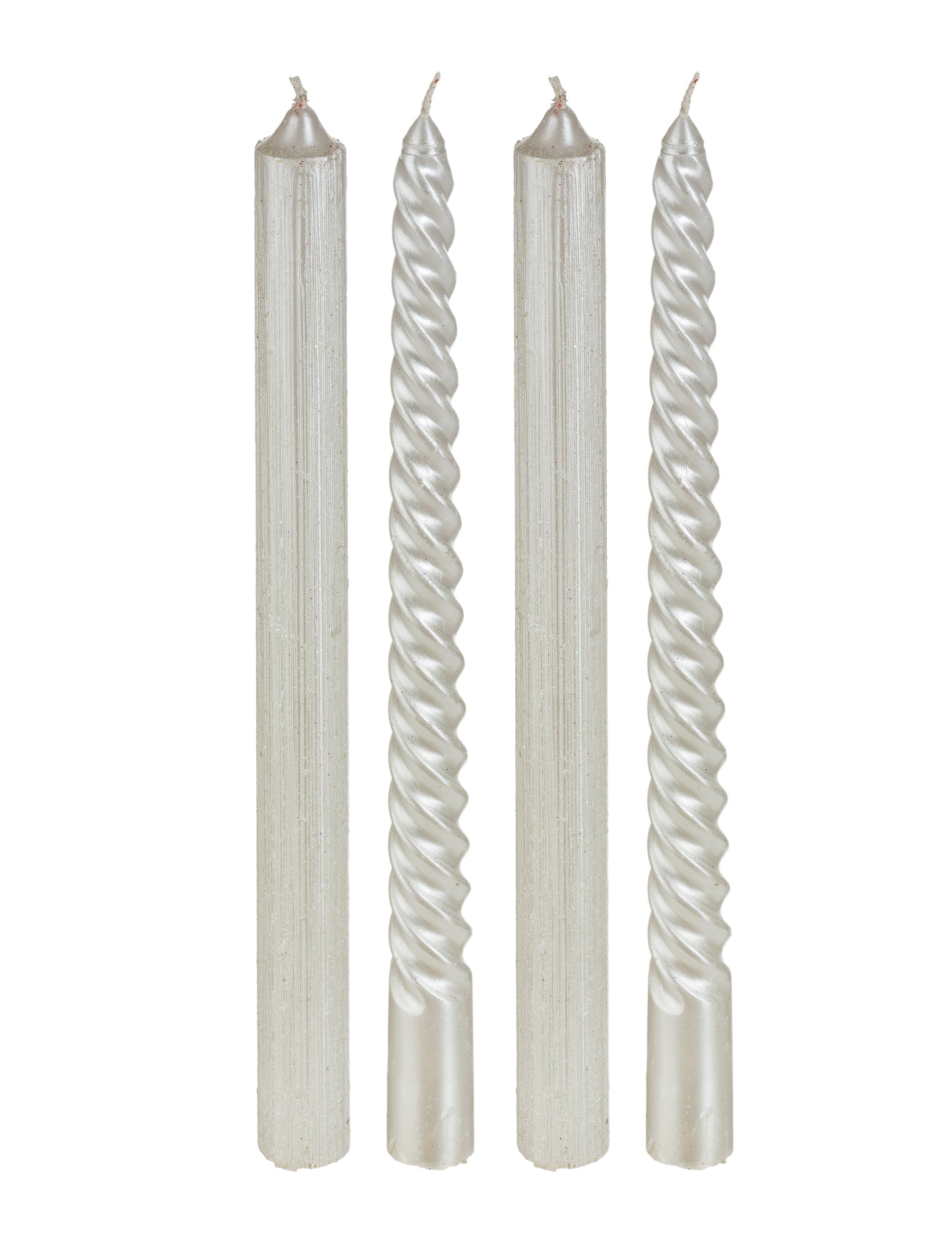 Lot de 4 bougies chandelles de fête pour décoration blanches et paillettes torsadées