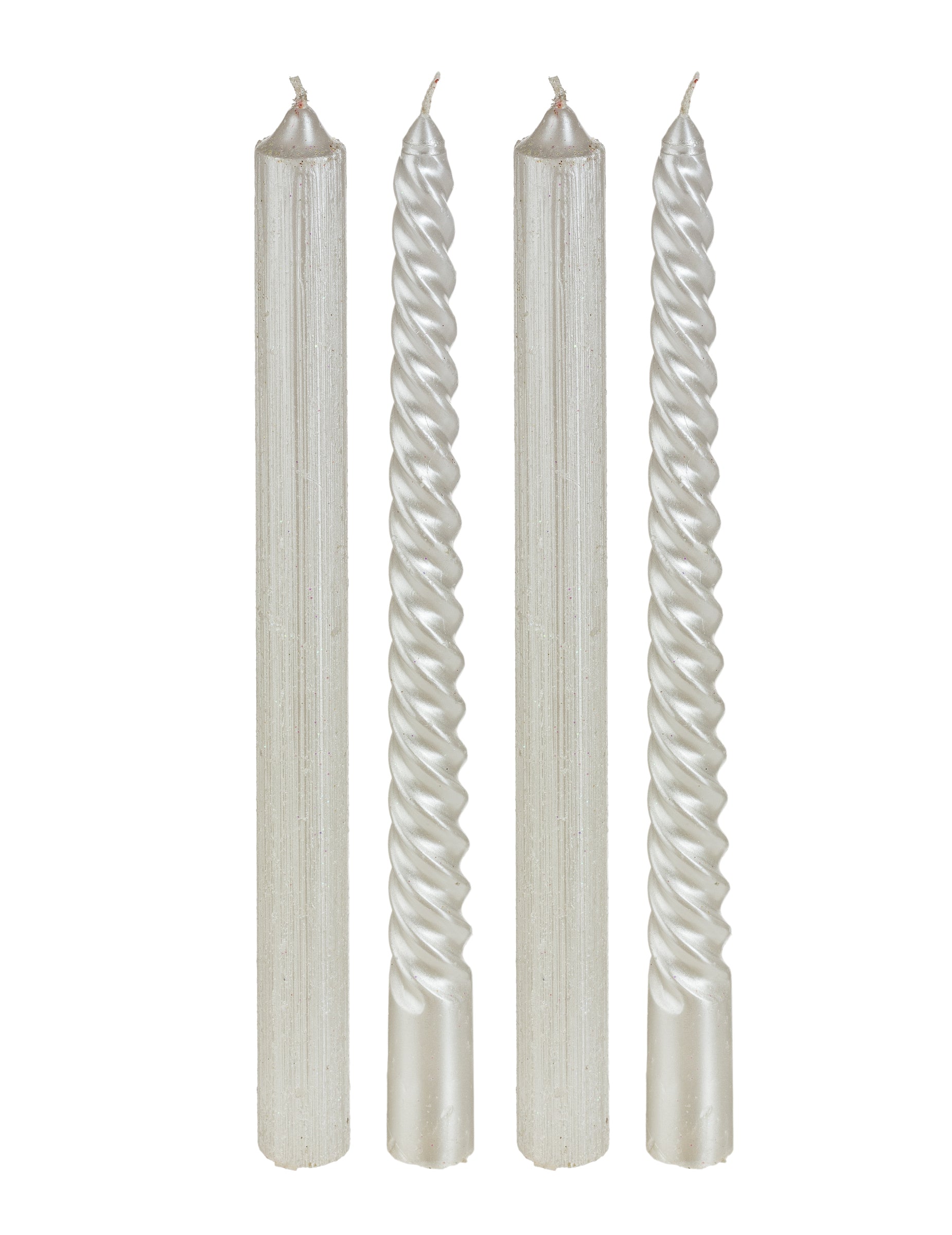 Lot de 4 bougies chandelles de fête pour décoration blanches et paillettes torsadées