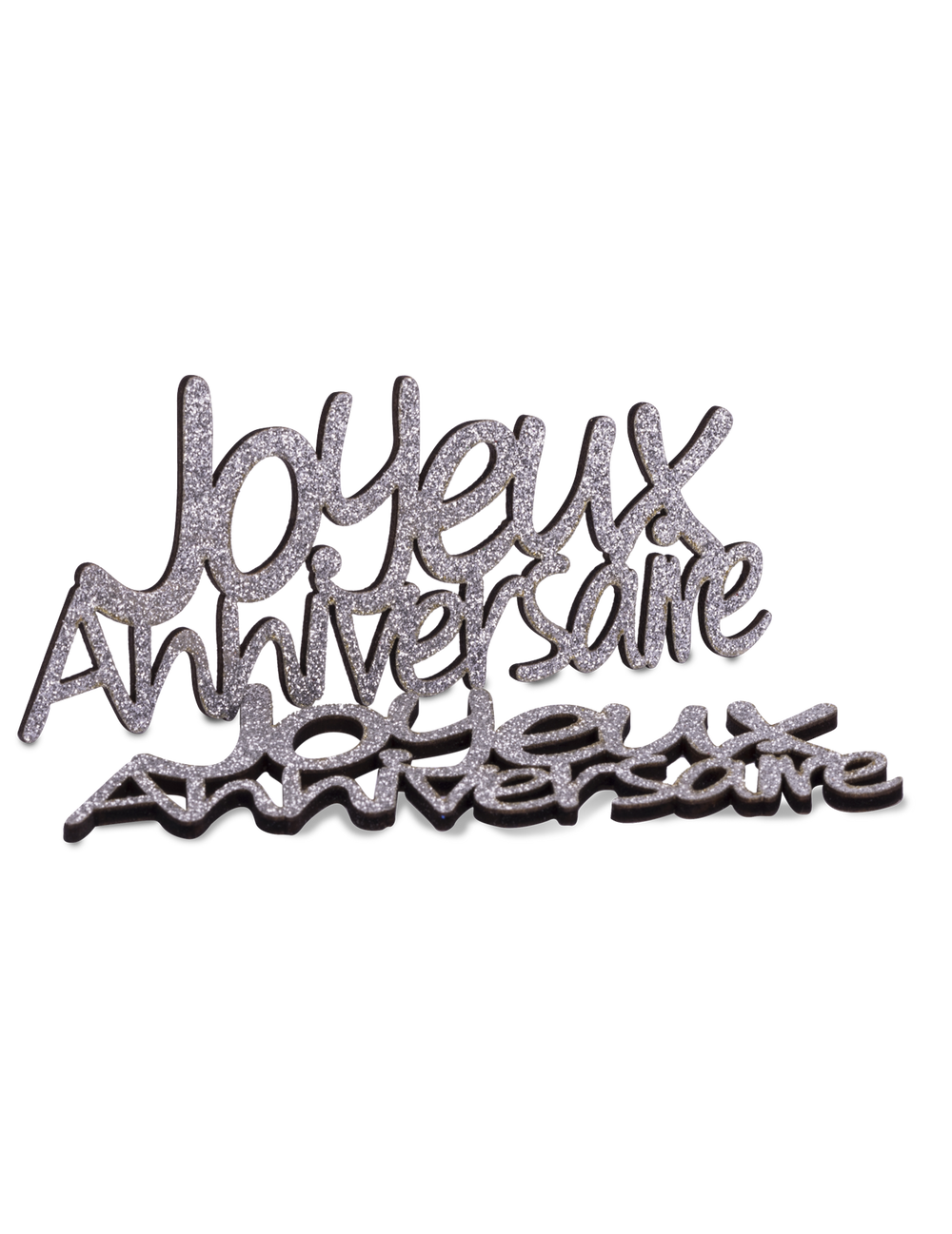 Décorations en bois Joyeux Anniversaire pour table chic argentées pailletées