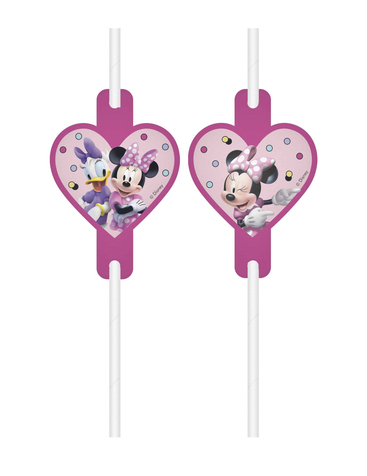 Pailles médaillon Minnie Junior pour enfant roses avec médaillons en forme de cœur