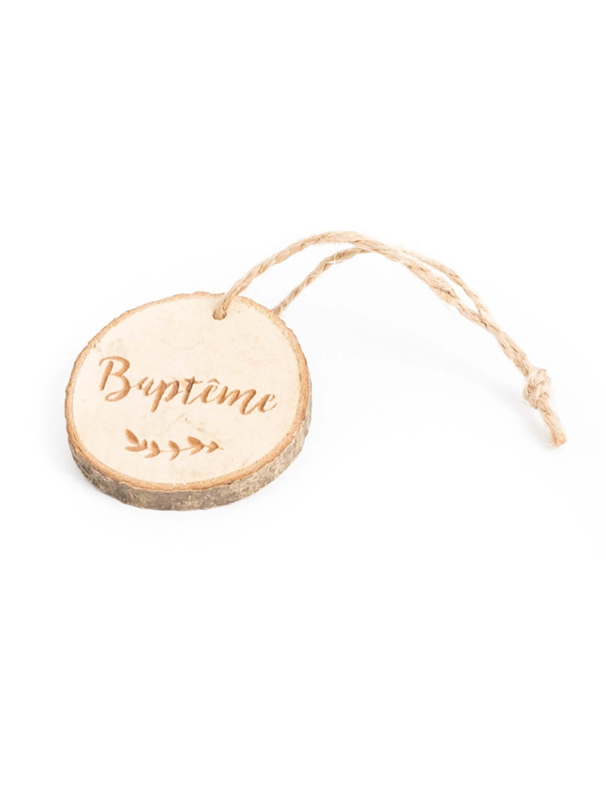 Rondin de bois marque-place Baptême naturel gravé avec ficelle