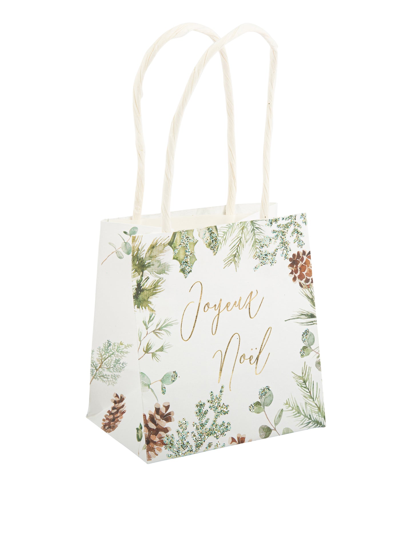 Sac Joyeux Noël forêt enchantée blanc avec anses et motifs de pins pailletés