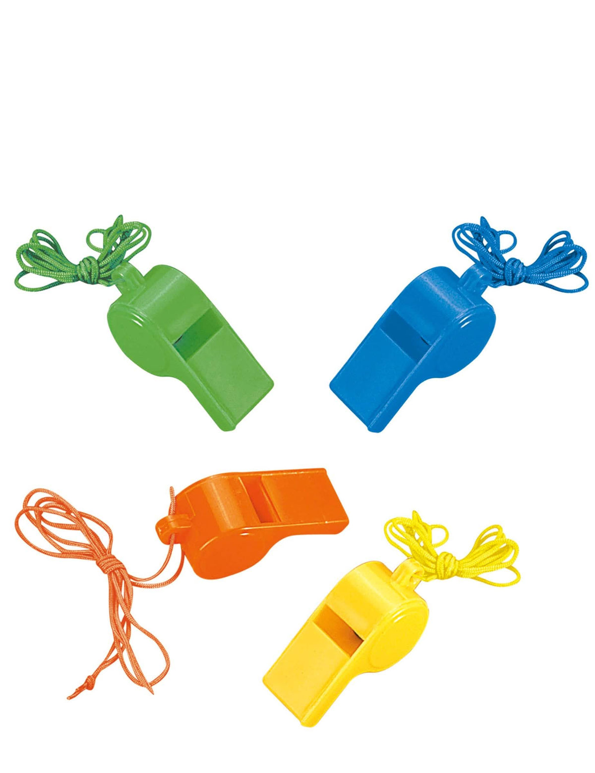 Bunte Kinderpfeifen Grün Blau orange und Gelb mit Kordeln