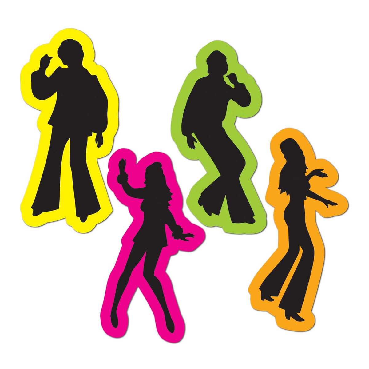 Silhouettes rétro disco années 70's pour fête 4 danseurs noirs avec contours multicolores