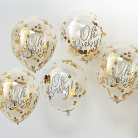 Vue d'ensemble du lot de 5 ballons Oh Baby en latex transparents à confettis dorés métallisés