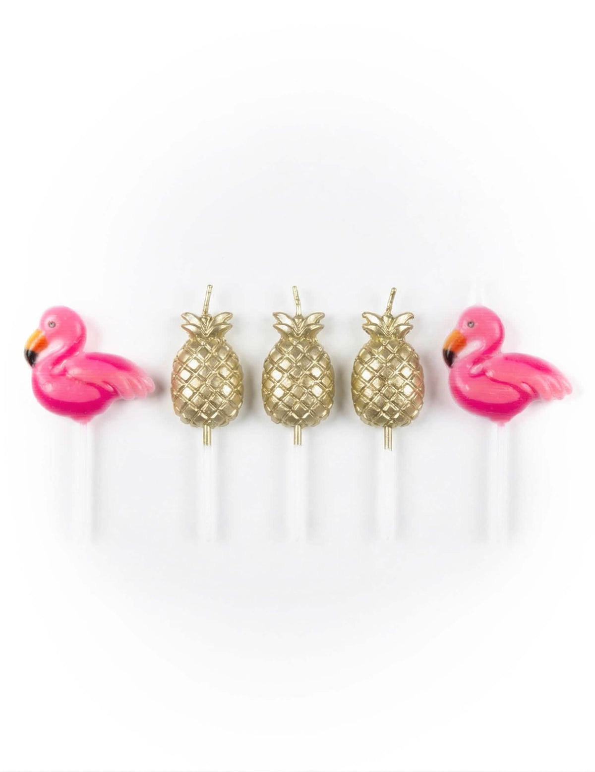 Bougies sur pic flamant rose et ananas pour gâteau rose et doré