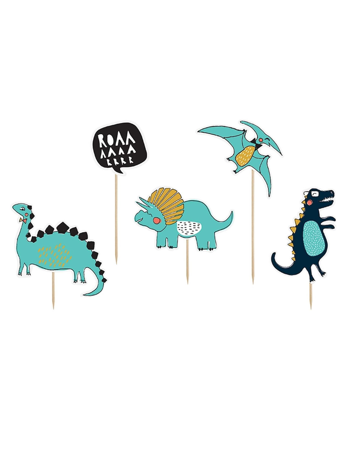 Cake toppers en carton dinosaures pour enfant bleus et jaunes avec bulle de cri