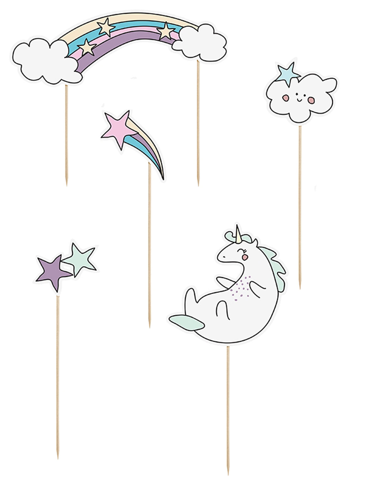 Décorations pour gâteau sur pique licorne et arc-en-ciel pour enfant pastel avec étoiles et nuages