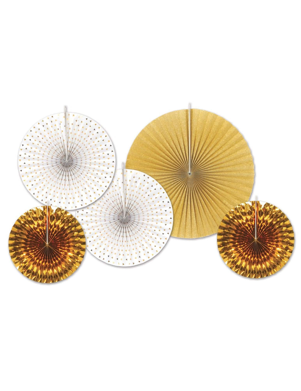 5 weiße und goldene Papierrosetten zur Partydekoration