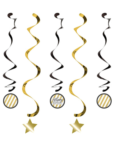 Schwarze und goldene Spiralpendel zum Geburtstag mit Sternen und Happy Birthday-Medaillons