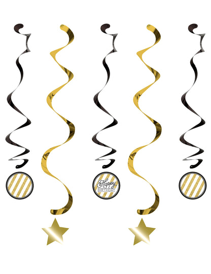 Suspensions en spirales anniversaire noires et dorées avec étoiles et médaillons Happy Birthday