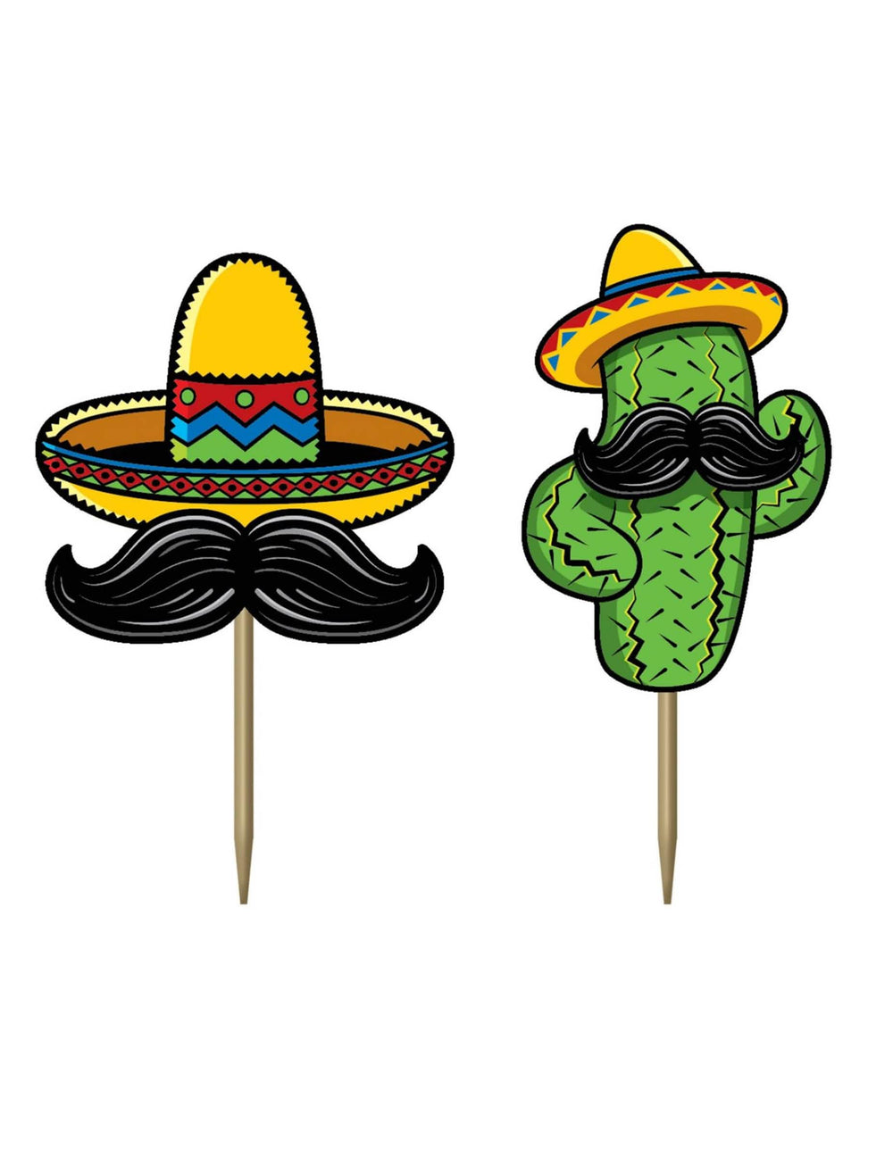 Pics en carton fiesta mexicaine motifs cactus et sombrero à moustaches jaune et vert