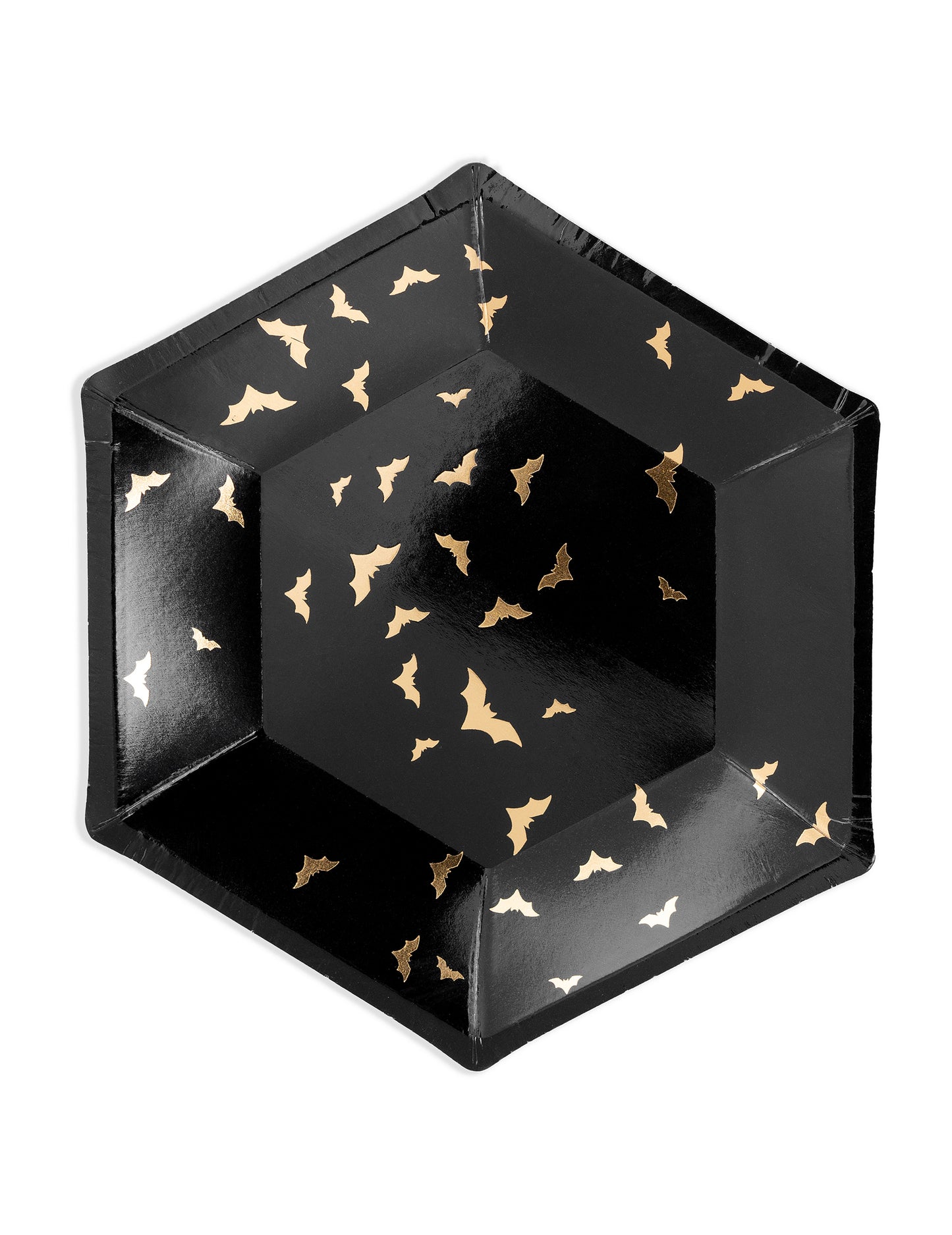Assiettes en carton chauves-souris noires et dorées hexagonales