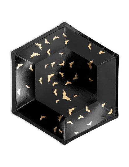 Assiettes en carton chauves-souris noires et dorées hexagonales