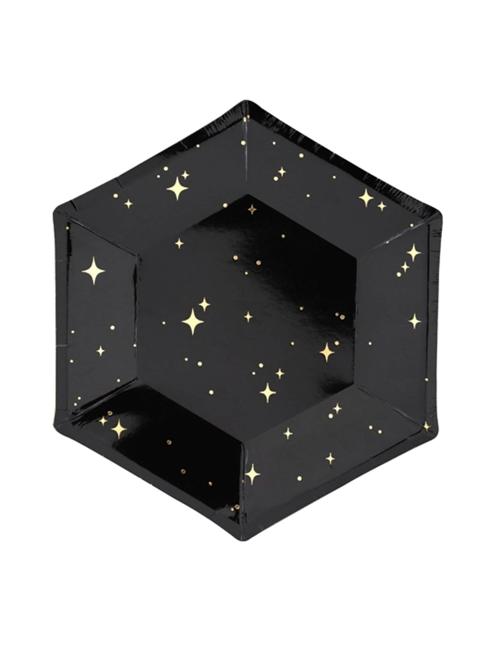 Assiettes en carton hexagonales étoiles pour fête noires et dorées