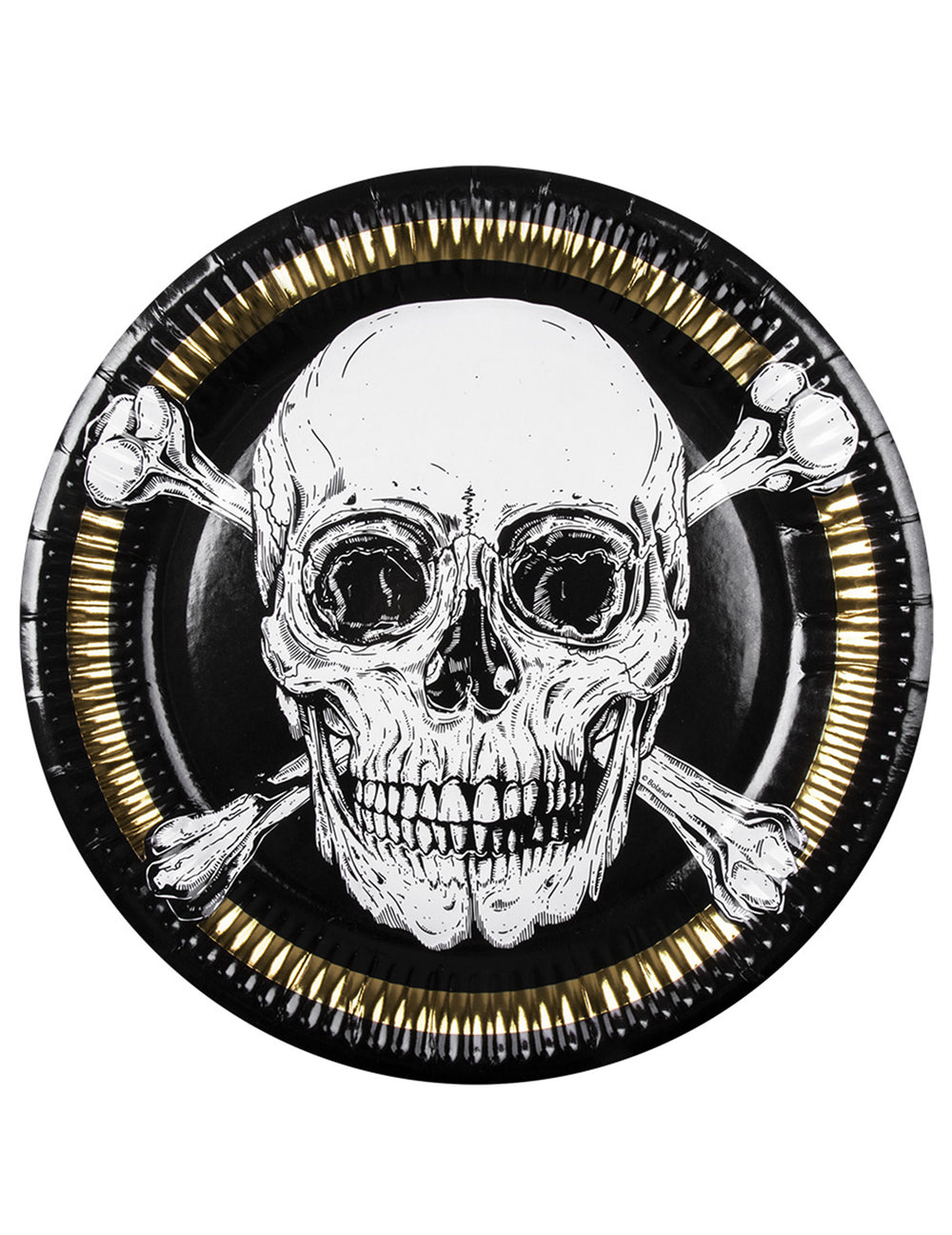 Assiettes en carton Pirate Jolly Roger noir blanc et doré