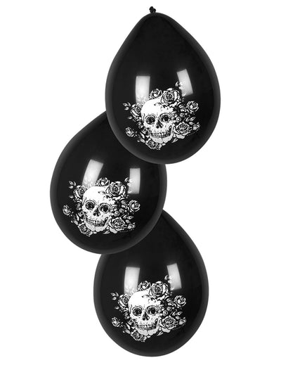 Ballons en latex squelette fleuri pour décoration noir avec motifs blancs