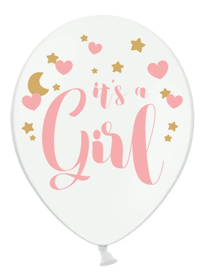 Ballon It's a girl pour baby shower blanc avec imprimé rose et doré