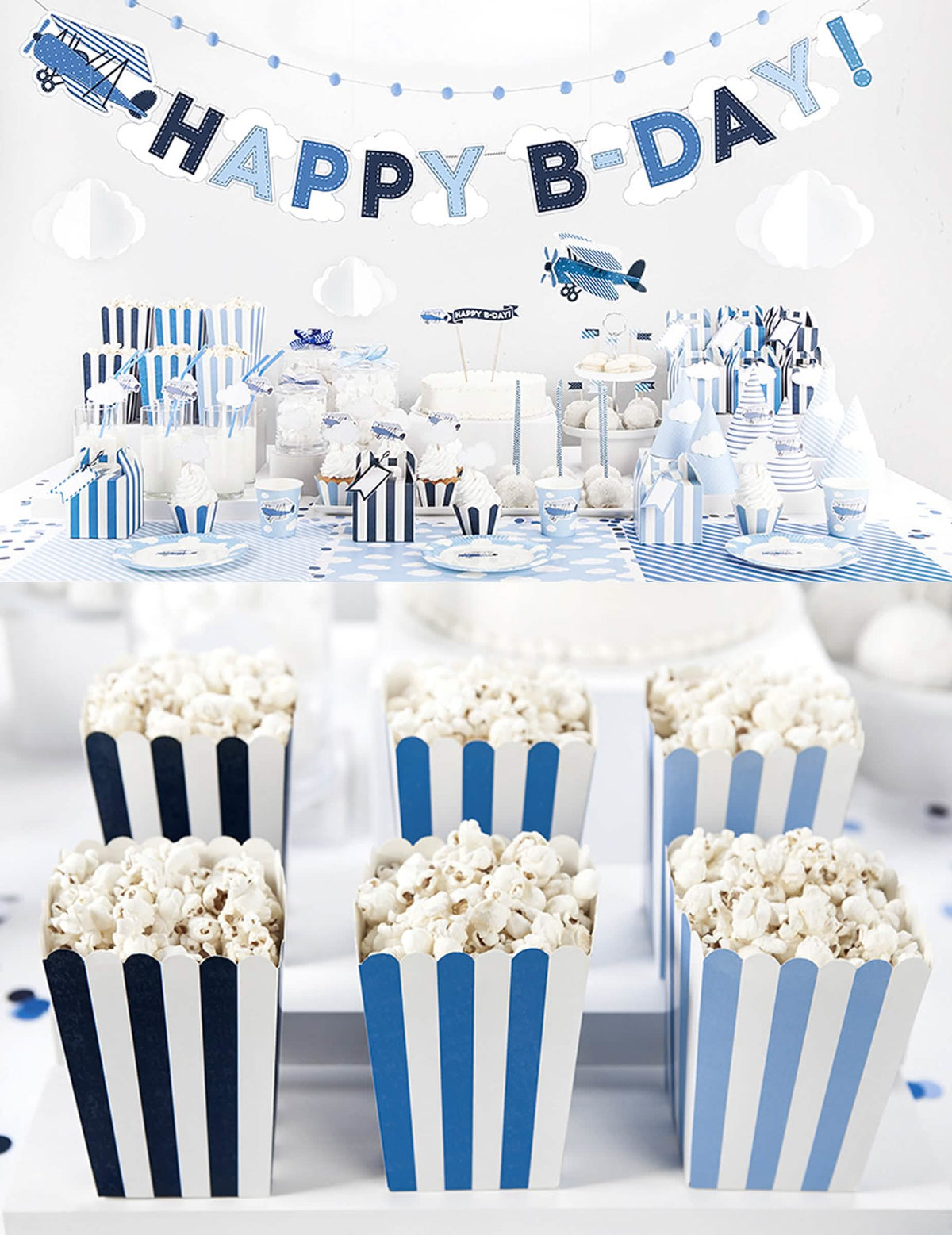 Blaue gestreifte Popcornboxen für die Party in Szene gesetzt