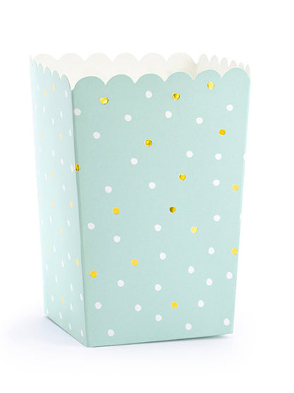 6 mintgrüne Popcornboxen aus Karton mit weißen und goldenen Punkten