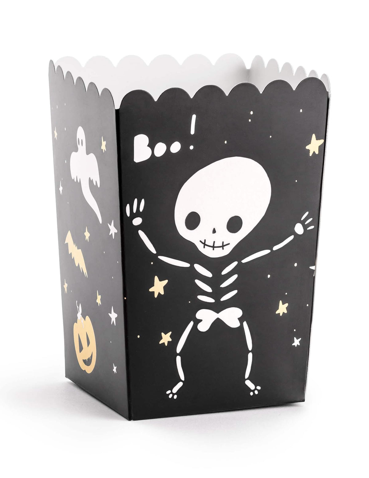 Boîte à popcorn Halloween Boo ! pour fête noir avec motifs squelette et fantôme