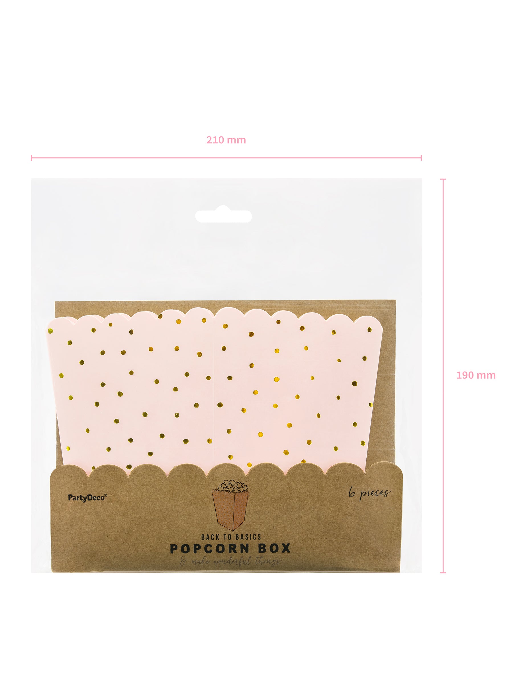 Dimensions de l'emballage des boites à popcorn pour fête rose clair à pois dorés