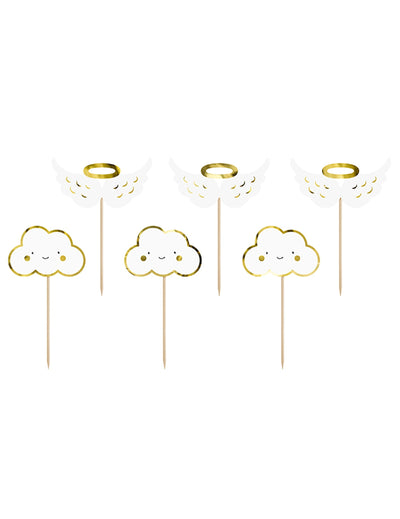 Cake toppers en bois nuages et ailes pour baby shower blancs et dorés métallisés