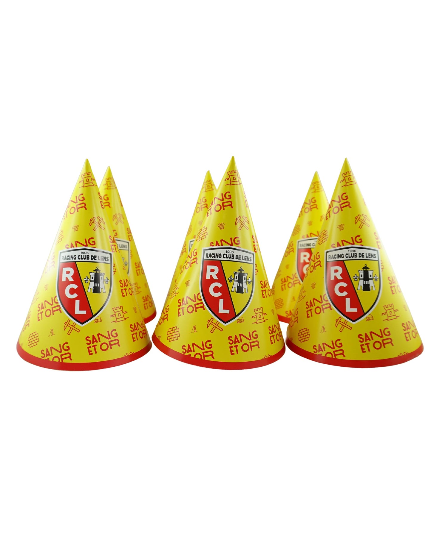Chapeaux de fête en carton RC Lens pour supporters jaunes et rouges avec logo Sang et Or