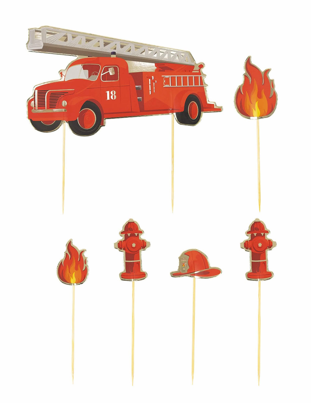 6 Dekorationen für Kuchen Feuerwehrmann für Kinder rote mit Lkw und Flammen