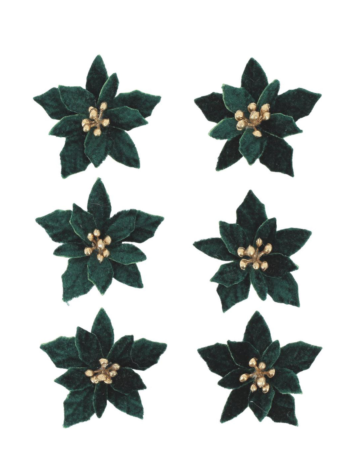 6 selbstklebende Poinsettia-Blüten aus Samt dunkelgrün & gold 5,5 cm