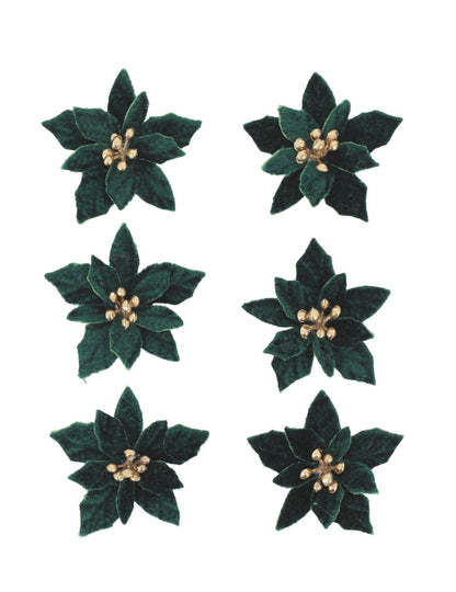 6 selbstklebende Poinsettia-Blüten aus Samt dunkelgrün & gold 5,5 cm