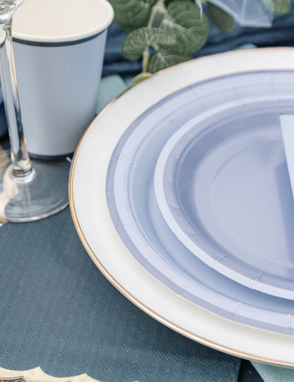Vue des assiettes et des gobelets en carton pour fête bleu orage et bleu marine