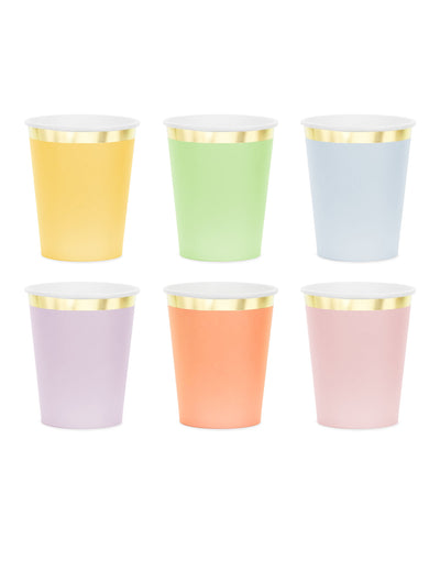 6 Pastell-Becher aus Pappe mit Goldrand 220 ml