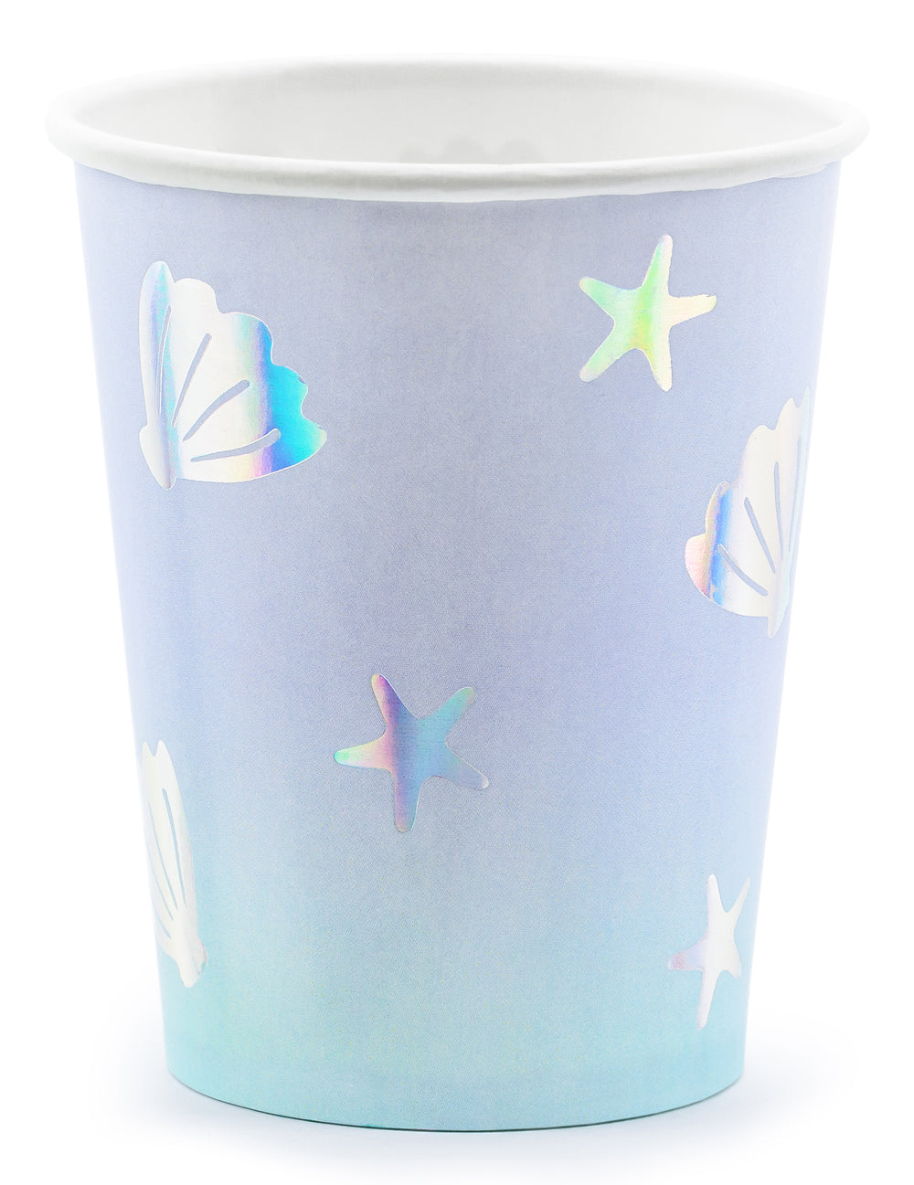 Gobelet en carton licorne des mers bleu iridescent avec coquillages et étoiles de mer