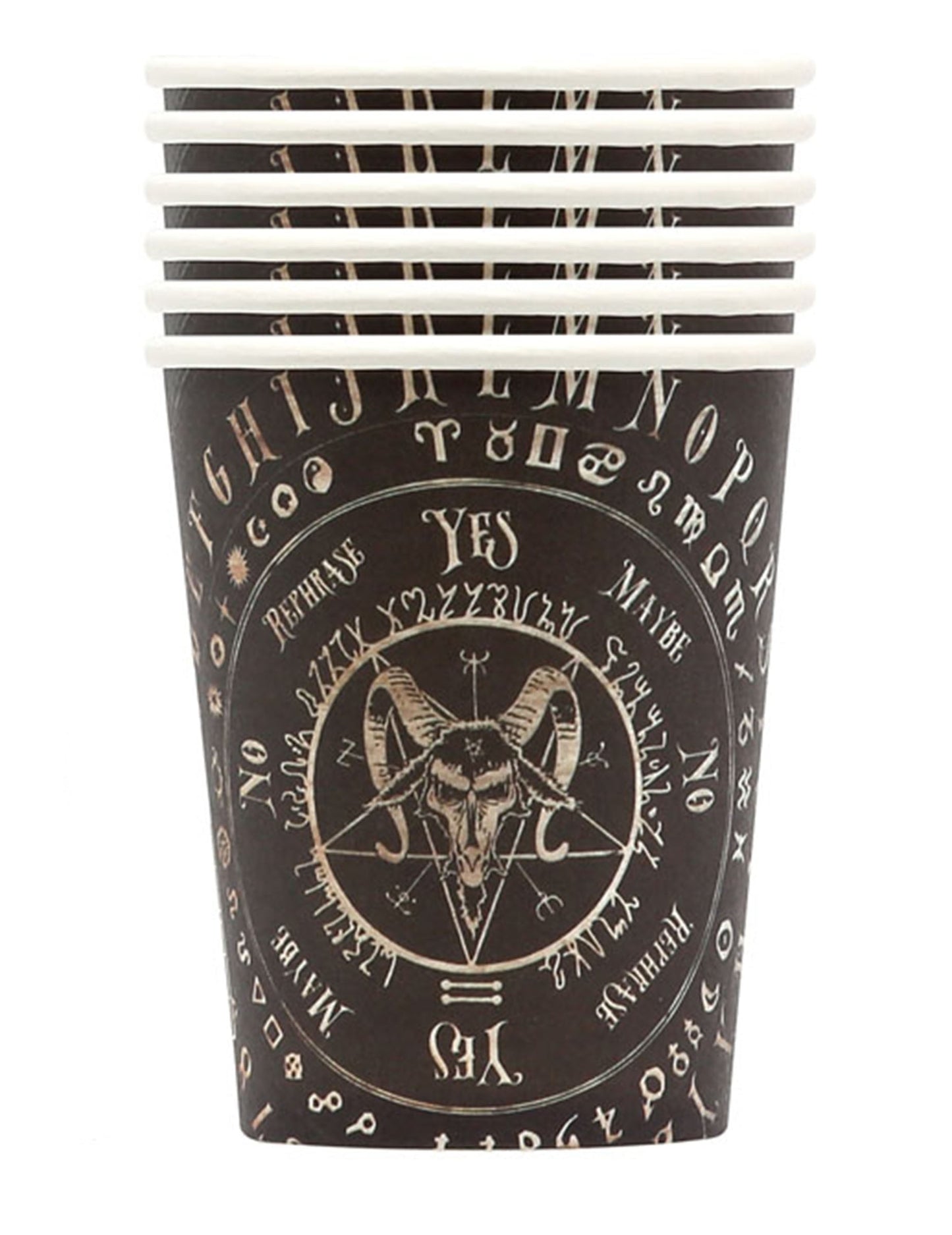 Gobelets en carton ouija pour fête noirs avec motif Baphomet et pentagramme