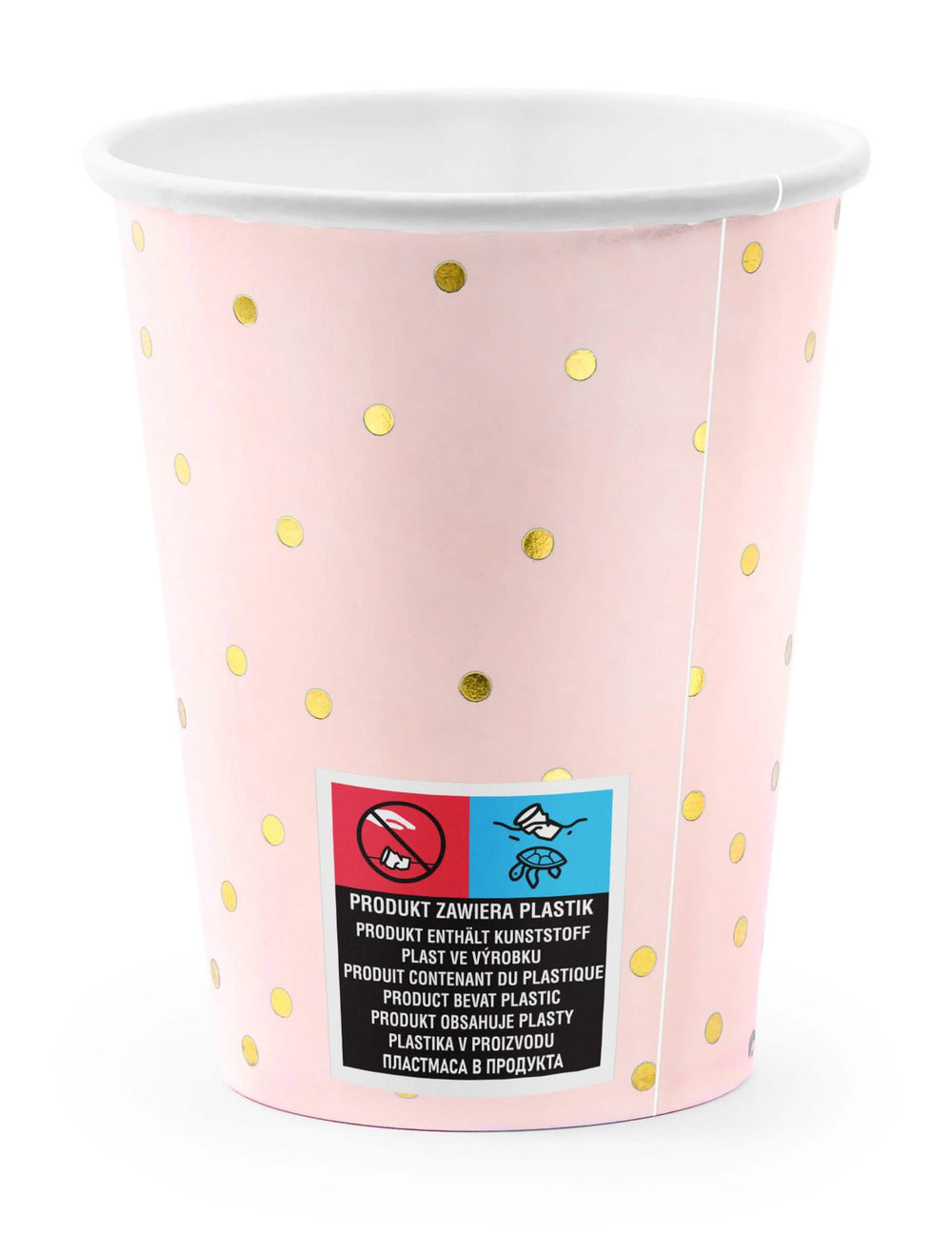 Détail du motif et du marquage du gobelet en carton rose pâle et pois dorés