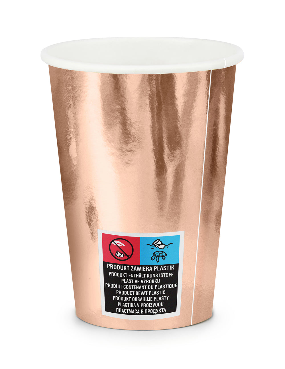 Détail du marquage produit contenant du plastique des gobelets rose gold pour fête