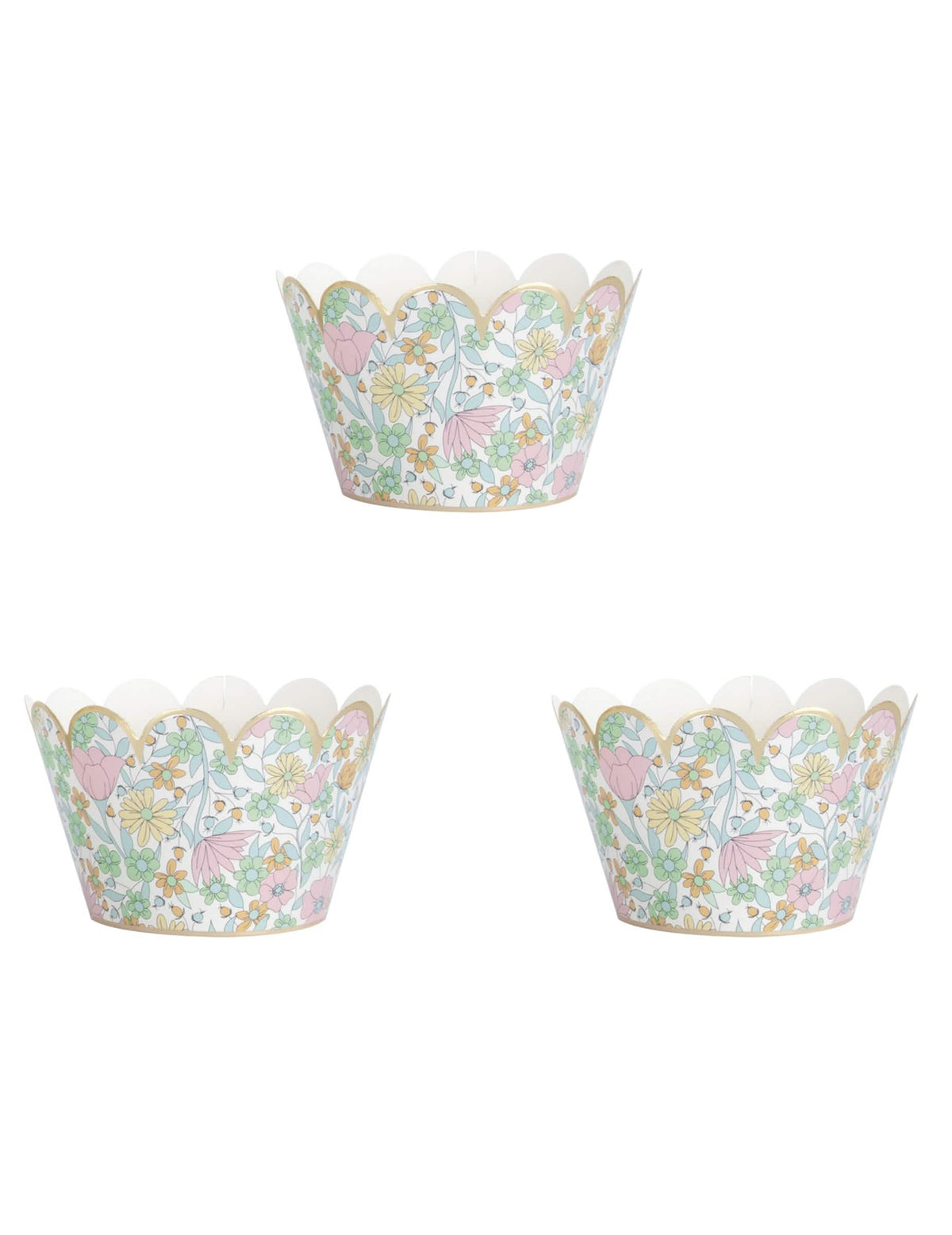 Habillages moules à cupcake shabby à fleurs liberty pour fête pastel et doré