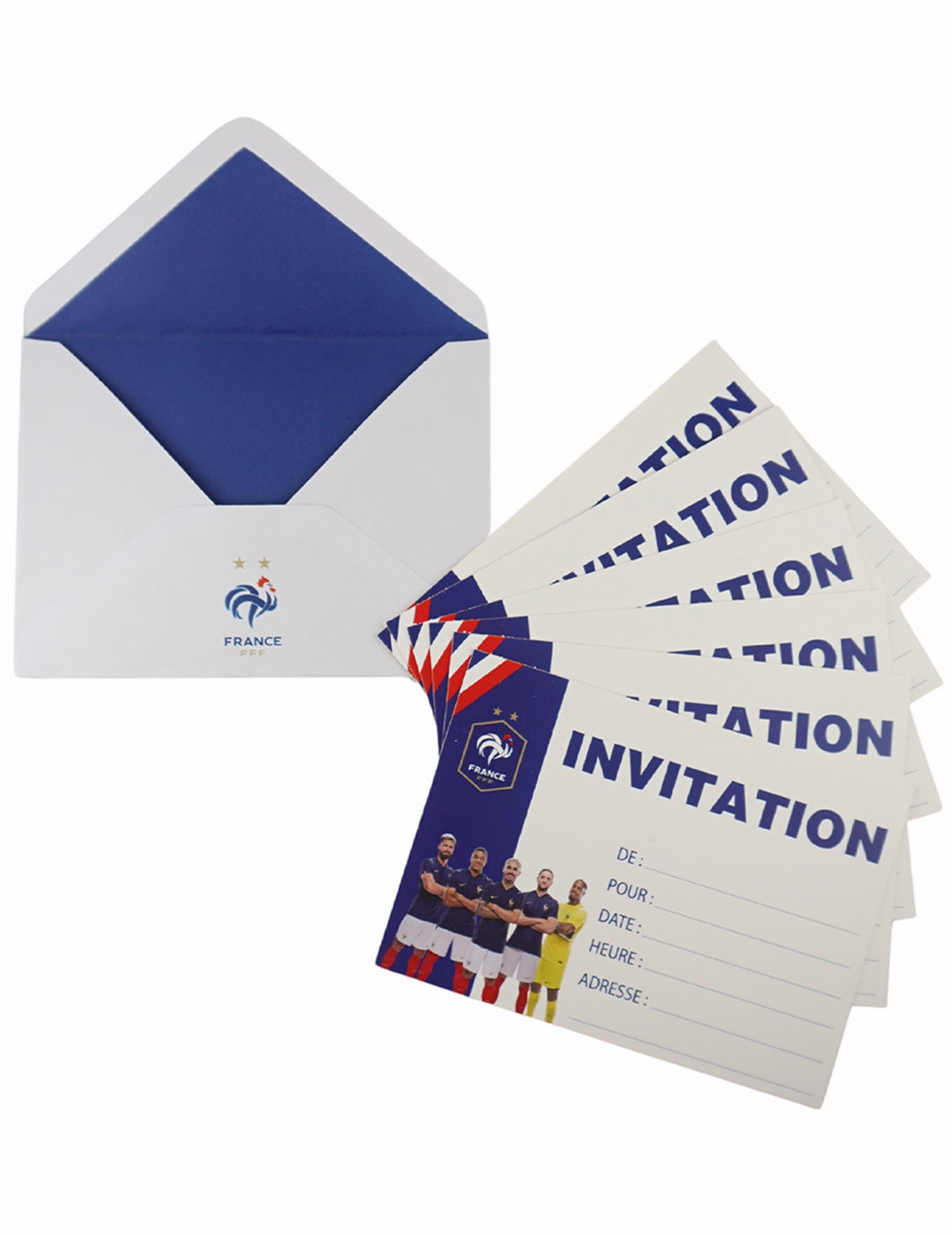 Invitations FFF Equipe de France pour enfant avec enveloppes bleues et joueurs de football
