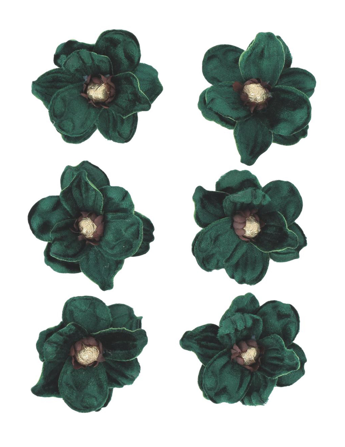 6 Klebe-Magnolien aus Samt in Dunkelgrün & Gold - 6 cm