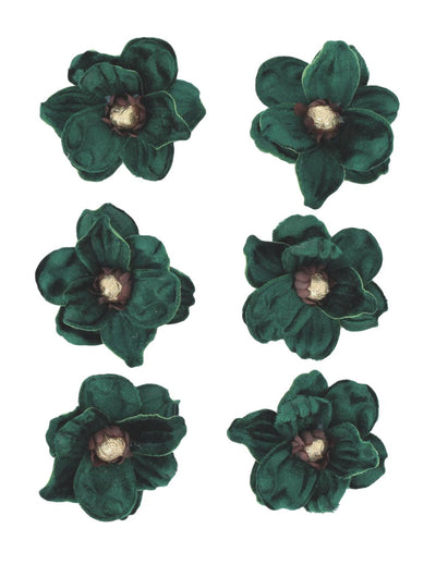 6 Klebe-Magnolien aus Samt in Dunkelgrün & Gold - 6 cm