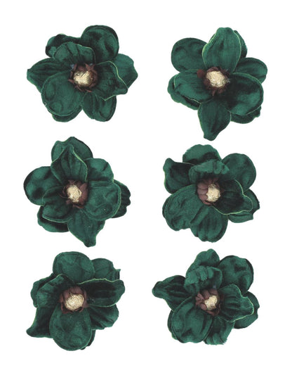 6 Klebe-Magnolien aus Samt in Dunkelgrün & Gold - 6 cm