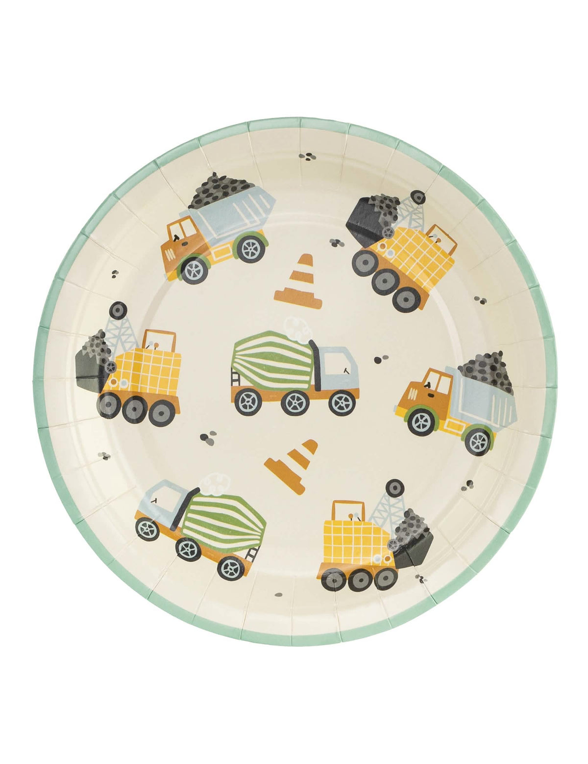 Assiettes camions de chantier pour enfant beige avec bordure verte et motifs colorés