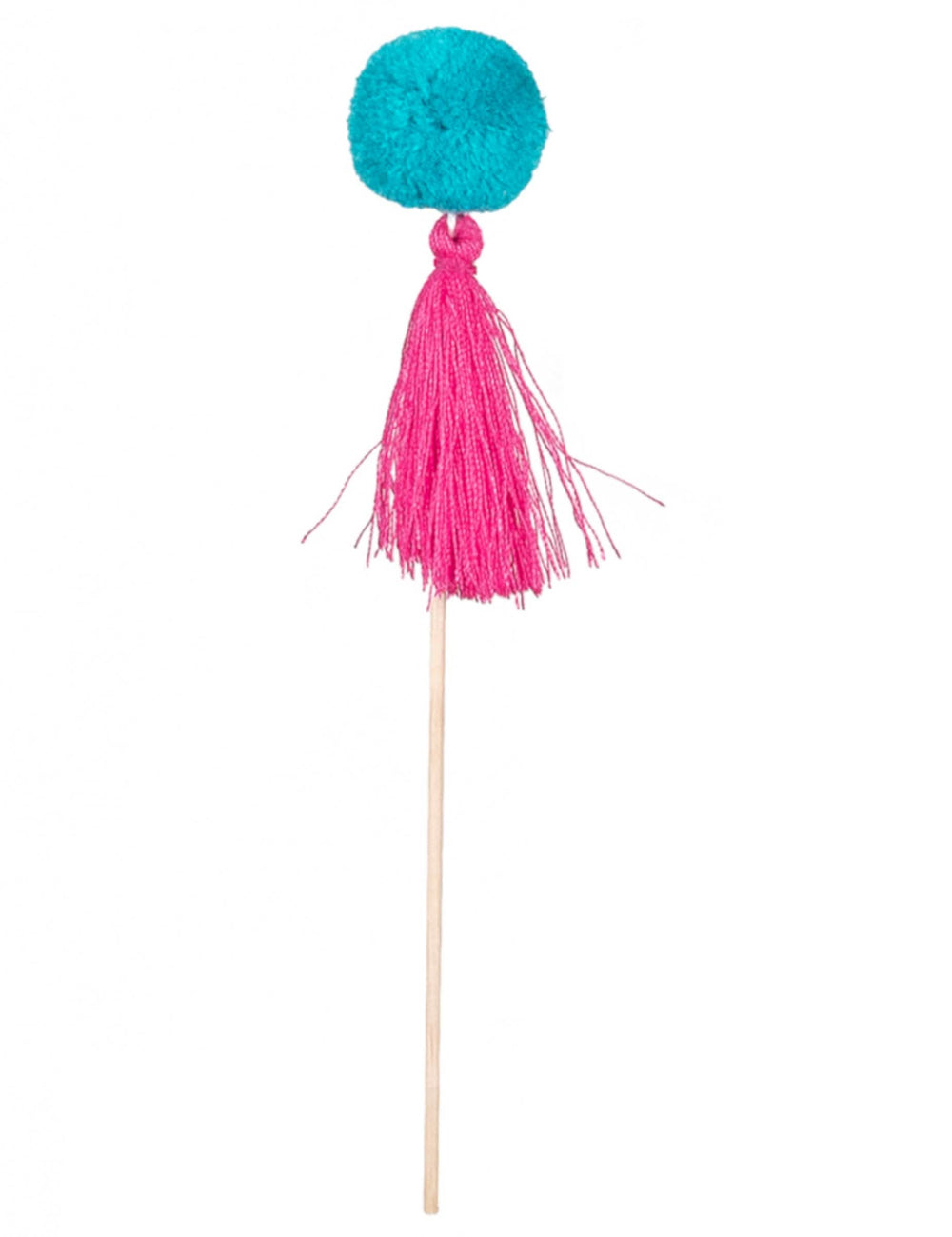 Detail des blauen Cheerleader Pompons und der rosa, pinken Quaste des Holzspießes farbige Cheerleader Pompons für die Party
