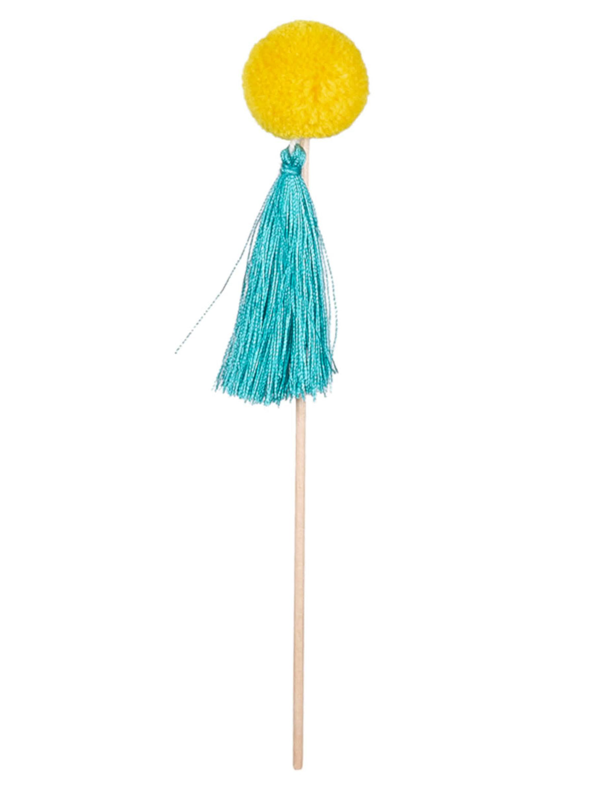 Detail des Gelb Cheerleader Pompons und der türkisfarbenen Quaste des Holzspießes farbige Pompons für die Feier