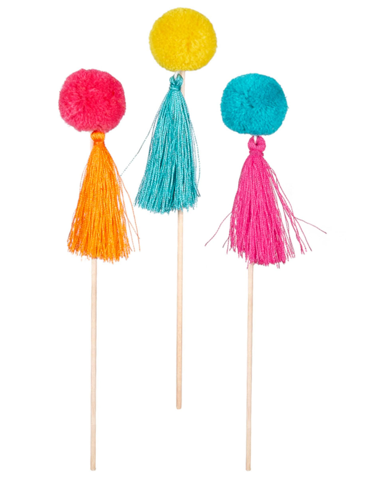 Holzspieße Cheerleader Pompons farbig für bunte Party mit Quasten